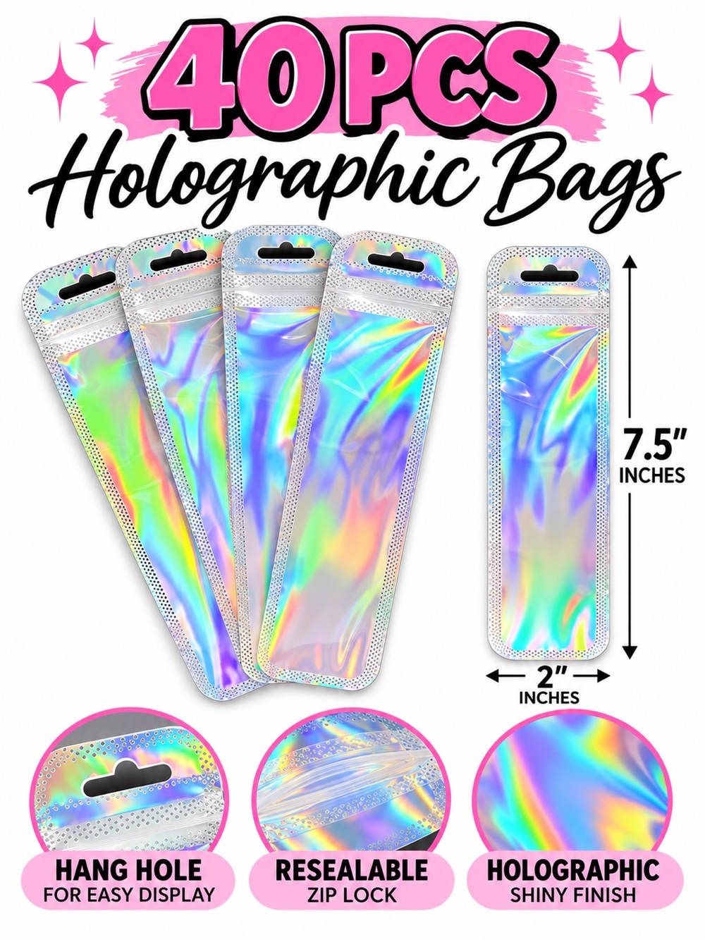 40 Holographic Resealable Bags Pen Jewelry Packaging